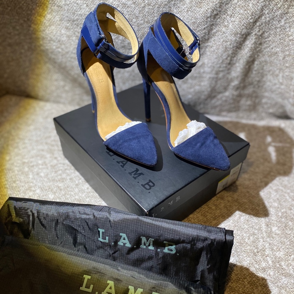 LAMB Oxley II navy suede ankle strap pump 8.5